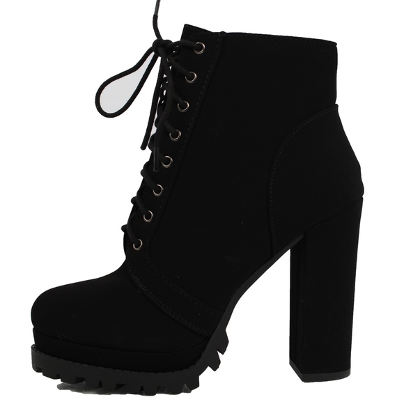 Black Lace Up Lug Block Heel Ankle Boot - Picture 2 of 7